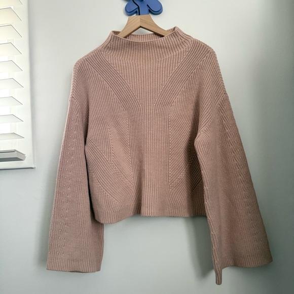 Anthropologie Maeve Medium The Katey Mock Neck Bell Sleeve Sweater Taupe Pink - Picture 2 of 7